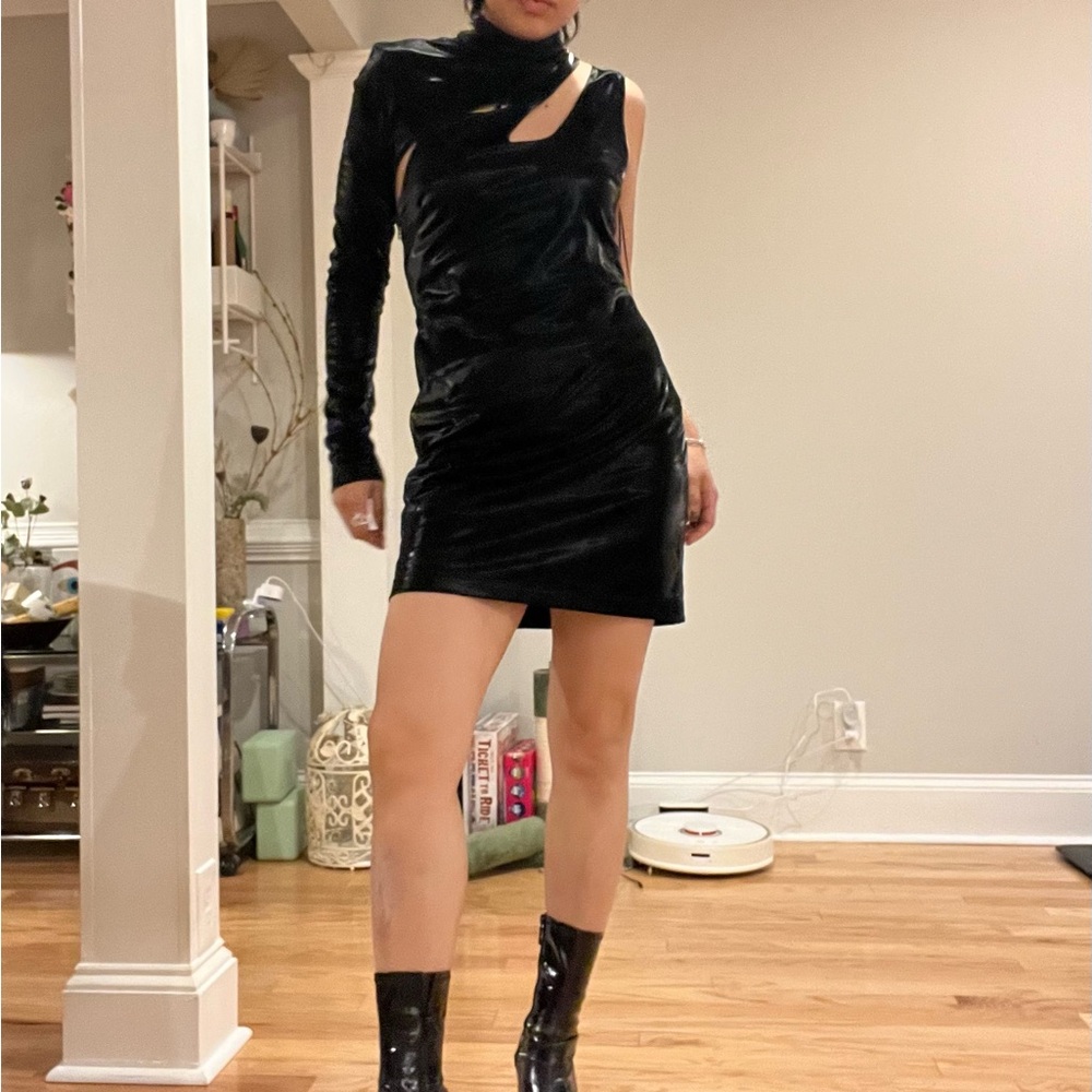 Black Rotate size 8 leather asymmetrical dress